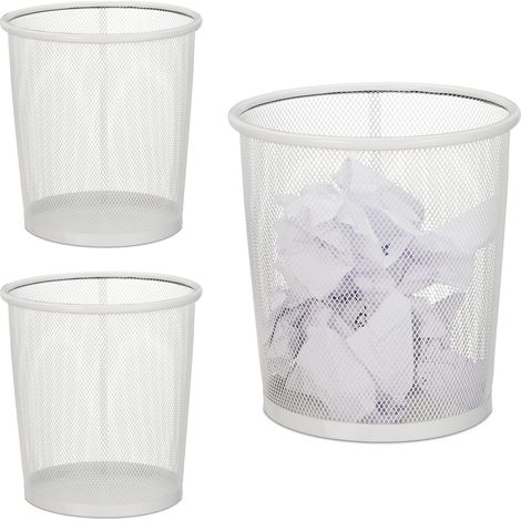 Corbeille papier, lot de 3, Pour bureau & chambre ado, ouverte,ronde, fil de fer, poubelle, en métal, HxD 24 x 23,blanc