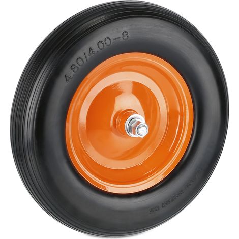 Relaxdays Schubkarrenrad 4.80 4.00-8, Vollgummi, Stahlfelge, Achse, Ersatzrad Schubkarre, pannensicher, schwarz/orange