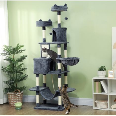 Albero tiragraffi 206 cm con grotta, 2 palline e pali in sisal, grigio scuro HAVRYA (1/5)