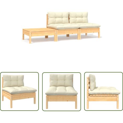 Salon de jardin 3 pcs Contemporain, Ensemble repas de jardin, avec coussins crème Bois de pin massif OIB7101E (1/5)
