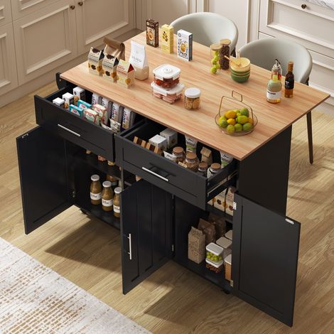 Isola cucina 129/46/91,5 cm nero e naturale con piano ribaltabile, cassetti e ruote (1/5)