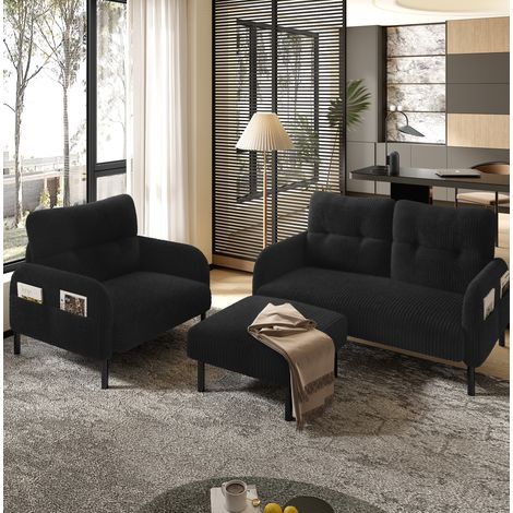 Canapé 3 pièces modulable en cord noir avec fauteuil, pouf et poche latérale HAVRYA (1/5)
