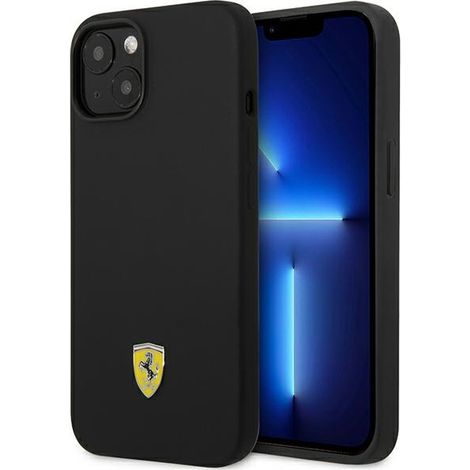 Funda rígida Ferrari FEHCP14SSIBBK para iPhone 14/15/13 de 6,1 pulgadas, color negro/negro, de silicona con logo metálico. (1/5)