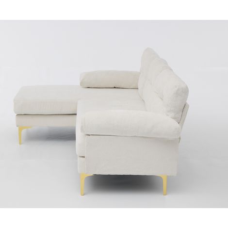 Divano angolare L 3 posti in ciniglia beige, seduta reversibile, gambe in metallo, MODENUIT (1/5)
