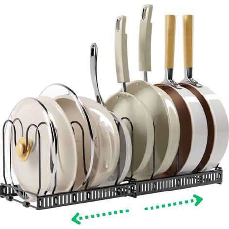 Étagère extensible pour 9 casseroles et assiettes - Support de cuisine autoportant avec couvercles et organiseur - Noir (1/5)