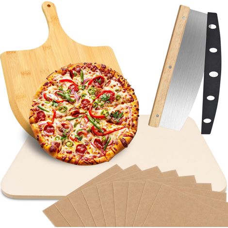 Ensemble de Pierre à Pizza, 38x30cm Pierre Pizza Rectangulaire pour Four, Grill, Barbecue avec Pelle à Pizza en Bambou, Coupeur, Papier de Cuisson Antiadhésif Kit Accessoires Pizza (1/5)