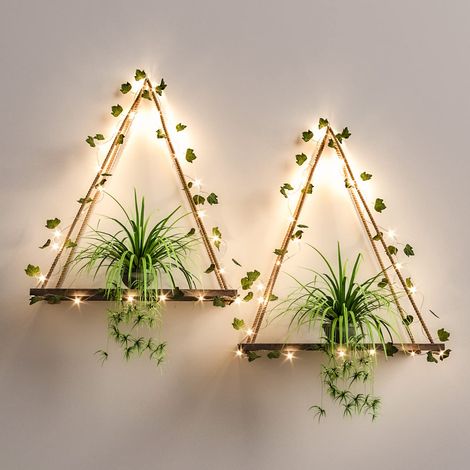 Ensemble de 2 étagères murales suspendues en bois à bande LED et lierre artificiel, étagère macramé pour décoration murale chambre salle de bain salon (1/5)