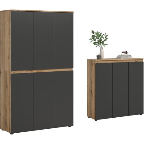 Scarpa Schlafzimmer-Set Kleiderschrank und Sideboard, 9 Türen Eiche Dekor, Anthrazit.