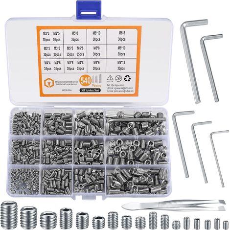 540 Stück Madenschrauben Sortiment Set M2-M8 Edelstahl mit Innensechskant (1/5)