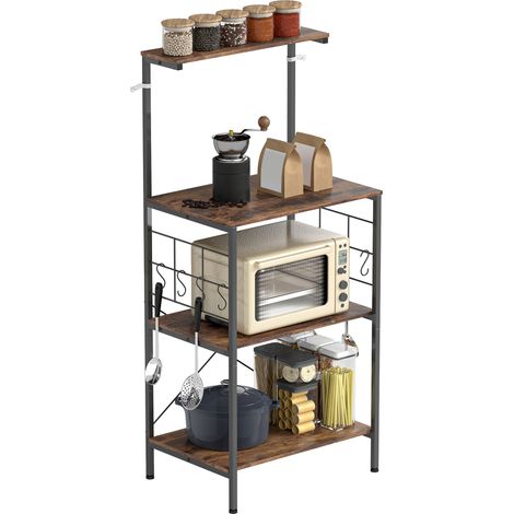 Mueble de cocina Irovami de 4 niveles, encimera, 8 ganchos, tubos metálicos, marrón y negro