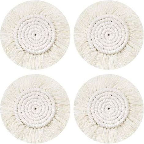 Pair CSPARKV Dessous Verre Napperon Tissé Main, 4Pcs Ronds sous-Verres Tressé Coaster Macrame, Boho Tapis de Café Boisson Bière Tasse Table Antidérapant Résistantes à la Chaleur Décoration de Table (1/4)