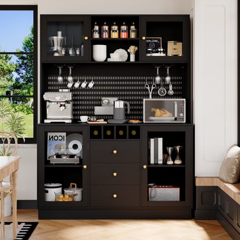 Elément bas de cuisine-Armoire haute-LED-casier vin-anti-bascule-étagères réglables-noir-140x40x185,7cm (1/5)