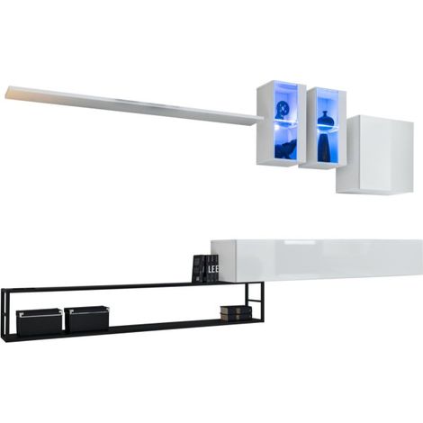 Ensemble meuble TV mural Switch Met I avec étagères métal et vitrine LED - Bois MDF blanc brillant et noir - 330 x 180 x 40 cm - Livraison gratuite (1/5)