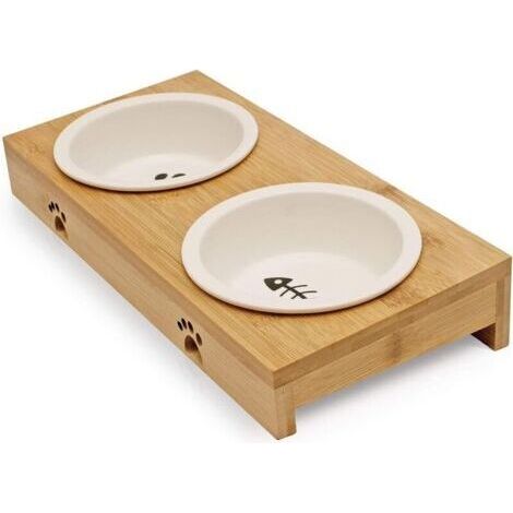 Station d'alimentation pour chat – 2 bols en céramique blanche – Support en bambou anti-dérapant – Surface inclinée pour manger facilement (1/4)