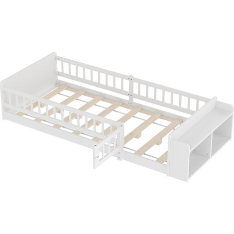 Lit en bois pour enfant 90 x 200 cm, bois de pin, rangement ouvert, étagères, caisson ouvrant, sans matelas, blanc (1/5)