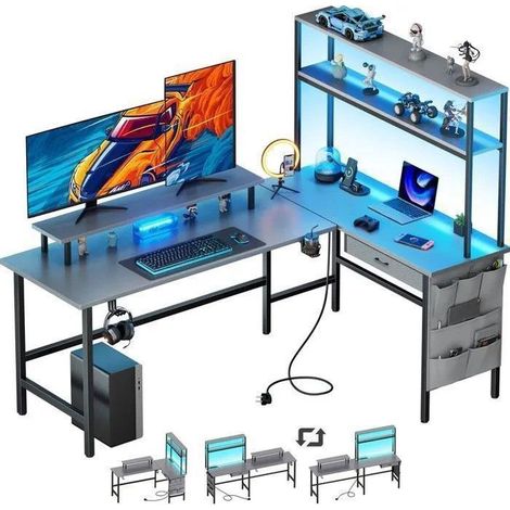 ECOFURNIX, 150 x 100cm L-Shaped Gaming Desk with LED, Integrated Socket & USB Port, with Drawer, Storage Bag, Gray