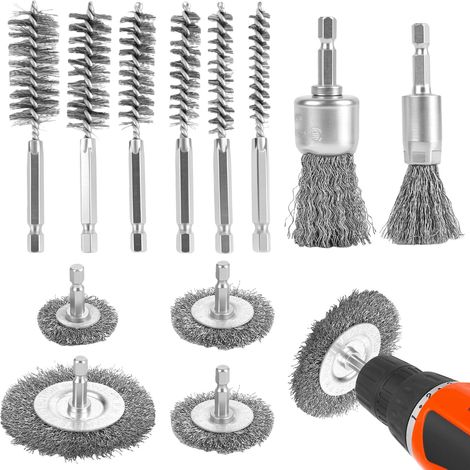 Lot de 12 brosses métalliques pour perceuse, tige hexagonale 8-19 mm, brosses de polissage en forme de T 16-75 mm, brosses en acier inoxydable pour dérouiller, polir (1/5)