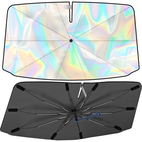 Pare Soleil Voiture Pare Brise, 2 Tailles, Parapluie Pare Soleil avec Manche Rotatif à 360°, Protection UV et Isolation Thermique, Anti-Chaleur, Pliable pour Auto, SUV, Camion (L: 145 x 85 cm) (1/5)