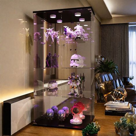 Glasvitrine mit LED, 4 Regalen, Präsentationsschrank für das Wohnzimmer, Vitrine mit 2 Türen, 163 x 80 x 36cm, Schwarz