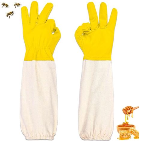 Gants D'apiculture en Peau de Chèvre,Gants Protégés pour Apiculteur à Manches Longues en Toile, Gants de Travail de Jardinage, Matériel Apicole Compatible avec les Tenues de Protection (Jaune)