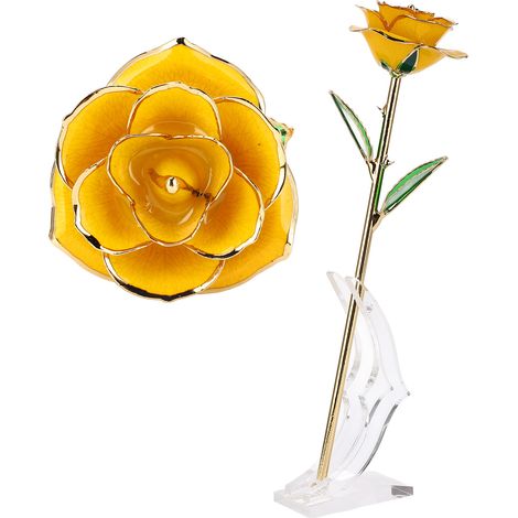 Lange, 24-karätige Goldstielrose mit transparentem Ständer – Gelbes Dekogeschenk (1/5)