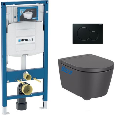 Pack WC Bastidor Geberit + Inodoro Roca Inspira onyx sin brida con fijaciones invisibles + Asiento con cierre amortiguado + Plac