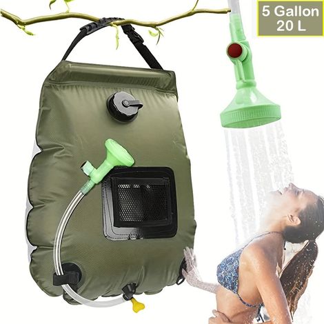 Sac de douche solaire chauffant pour camping, randonnée et bain en plein air, avec réservoir d'eau chaude portable, tuyau et pommeau de douche interchangeables.