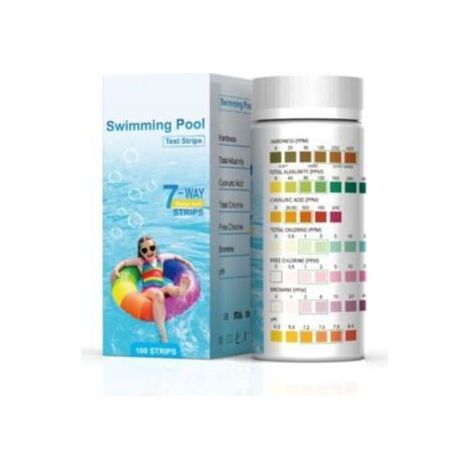 Pair Lot de 100 bandelettes de test pour piscine - pH et chlore 7 en 1 - Dureté de l'eau - pH total - Chlore libre - Alcalinité totale, brome, acide cyanurique (1/5)