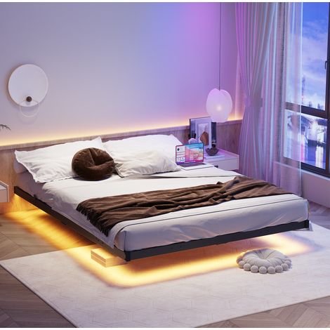 Letto 140x190 cm in metallo nero con LED e stazione di ricarica moderna - FLORAGRACE (1/5)