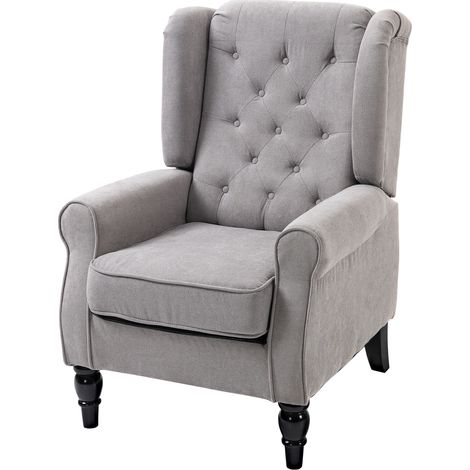 Fauteuil capitonné gris grande assise pieds bois style classique 74 x 86 x 102 cm
