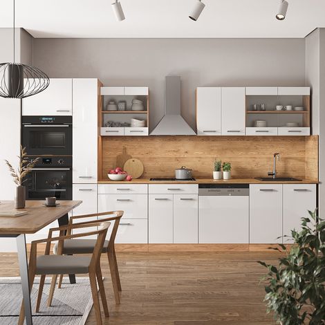 Angolo cottura R-Line, Bianco lucido/oro power oak, 350 cm con armadio alto, PL Rovere, Vicco (1/5)