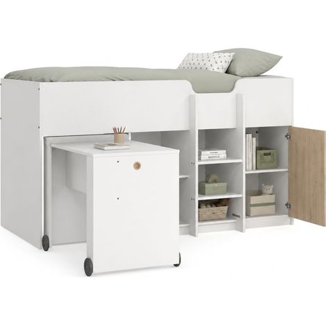 Schlafzimmer-Set Lamedani, Matratze 90x200 cm, ausziehbarer Schreibtisch, ein Bett, 203x104x111h cm Weiß