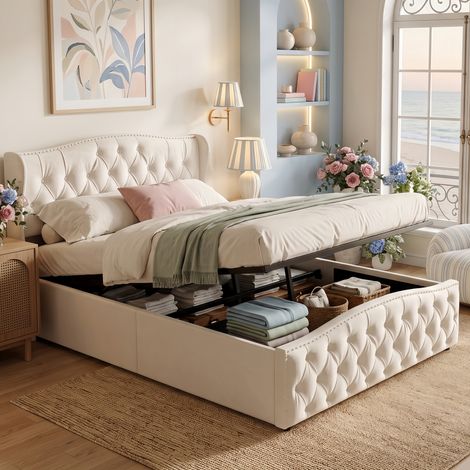 Lit Coffre double 160x200 cm velours,Lit Capitonnée boutonné design rivets, Sommier à Lattes, Rangement Intégré, Scandinave, Beige (1/5)