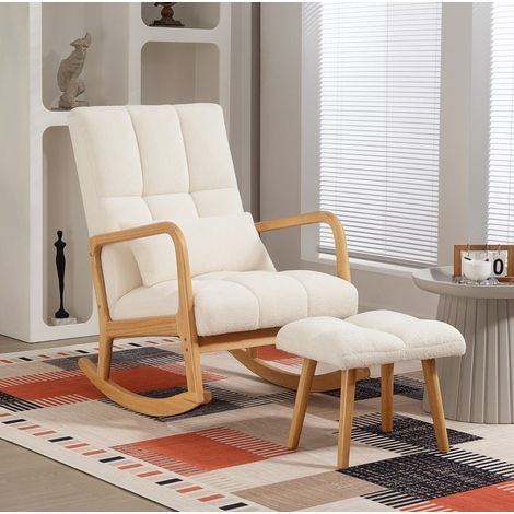 Fauteuil à bascule 64.5x82x99 cm blanc en bois avec repose-pieds et coussin amovible (1/5)