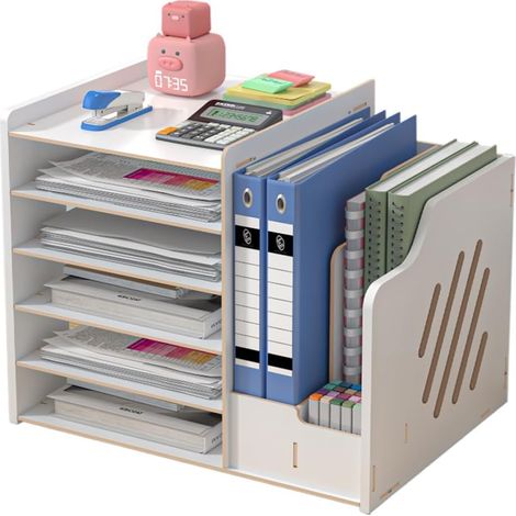 1 Organiseur de bureau, MDF, tiroir coulissant, compartiments multiples, rangement documents A4, pour maison bureau école (1/5)