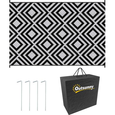 Reversible Outdoor Rug with Carry Bag and Stakes for Garden, RV, Picnic, Beach, Camping - 182x274cm, Black and White Design