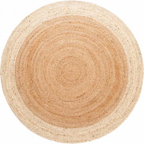 Tapis rond 200 x 200-rond cm motif simple, beige, écru, forme ronde authentique, jute secondaire noble, structure en relief, ambiance chaleureuse
