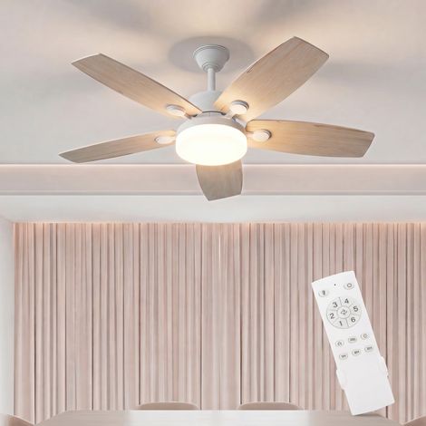 Ventilateur plafond avec lumiere, moteur DC silencieux, télécommande, 5 pales en bois massif, pour chambre salon, 106 cm - Nature (1/5)