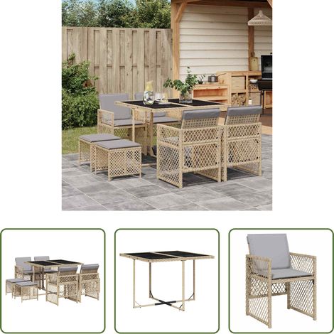 Gartentisch - 9-tlg. Garten-Essgruppe mit Kissen Beige Poly Rattan (1/5)