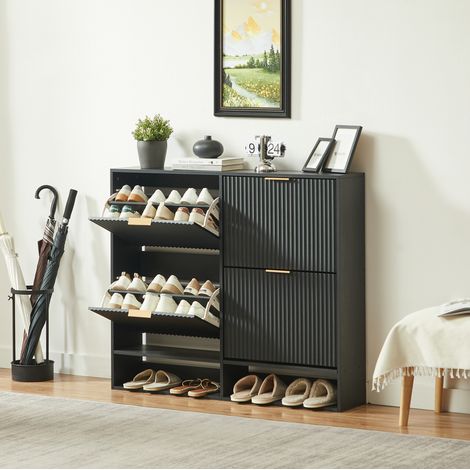 Zapatero 120x24x102 cm de madera negro con almacenaje para recibidor -FLORAGRACE (1/5)