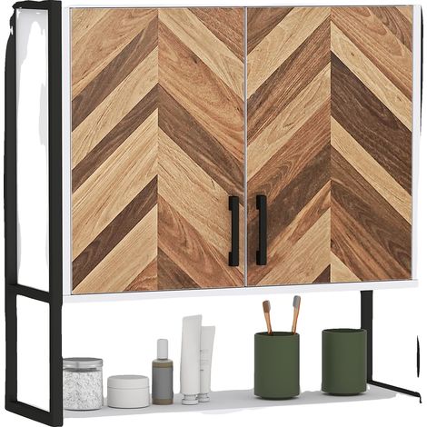 Armario de pared para baño, madera melaminada, 59x20x60 cm, diseño de dos niveles, estante ajustable, estante abierto. (1/5)