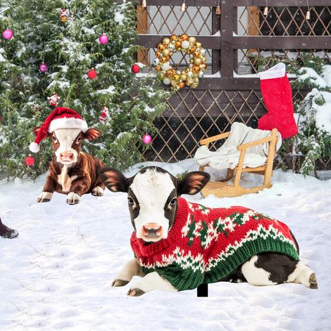 Panneau De Jardin Noel - Vache - PVC - Pour Extérieur Jardin Pelouse Patio - 2 Pièces (1/5)