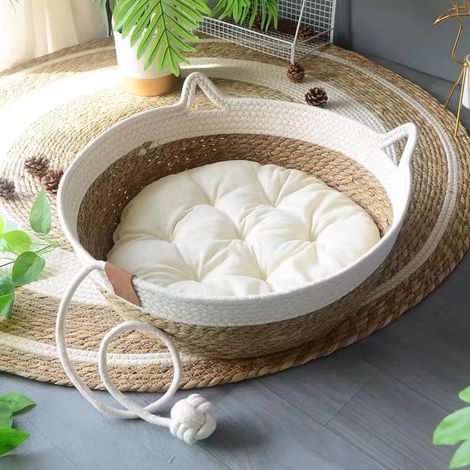 Casita para gatos - Cama redonda para mascotas - Cesta de ratán hecha a mano y cojín 100% algodón - 40 x 40 x 13 cm - Marrón y blanco (cojín de algodón) (1/5)