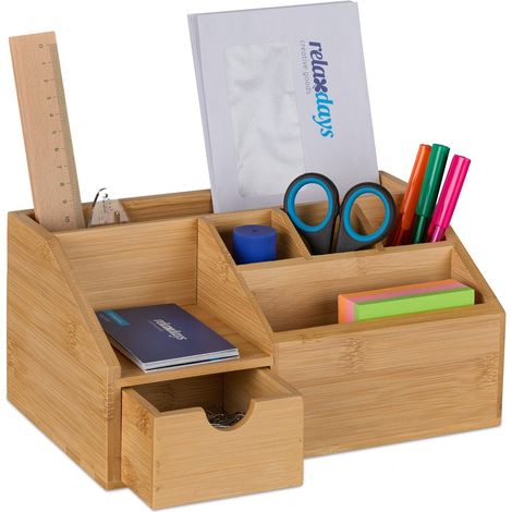 Organizador de escritorio de bambú con cajón y 6 compartimentos