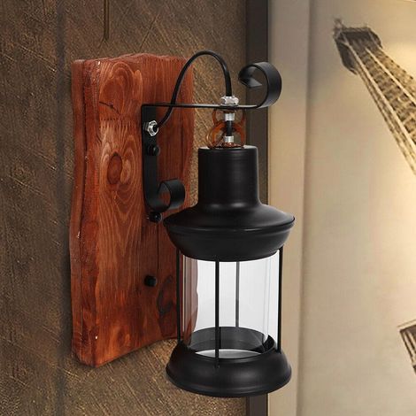 Retro Vintag Rustikale Eisen Wandleuchte Holz Kreative Wandlampe Hölzerne Kunst Laterne E27 Mit Schalter Für Treppenhaus Wohnzimmer Schlafzimmer Cafe Bar