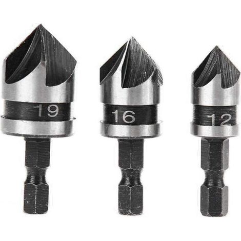 3pcs 90 Degrés 5 Flûte Fraises à Chanfreiner Set Pour Bois, Métal Changement Rapide 1/4" Hex Foret à Chanfreiner en Acier au Carbone Outil de Coupe de Chanfreinage de Bois 12/16/19mm (1/4)