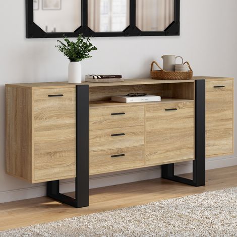Aparador PHOENIX XXL 180 cm con 3 puertas y 3 cajones, madera y nicho negro
