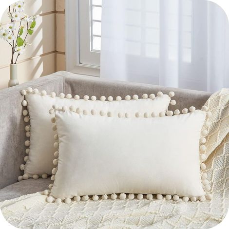 Housse Coussin 30x50 cm Blanc Crème Decoration Salon Moderne pour Coussin Lombaire de Canape Chaise Fauteuil Bureau Café en Velours Doux Lot de 2 (1/5)