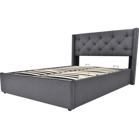 Cama canapé doble 160 x 200 cm tapizada gris con estructura metálica y somier elevable HOMVRA (1/5)