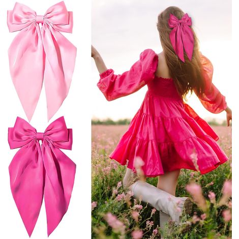 Lot de 2 pinces à cheveux nœud, ruban satin doux, rose rouge + rose clair. (1/5)